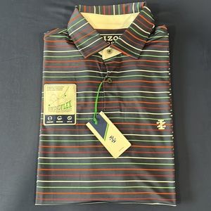 IZOD Mens Golf Polo Shirt - Navy Blue with Red White & Green Stripes - M